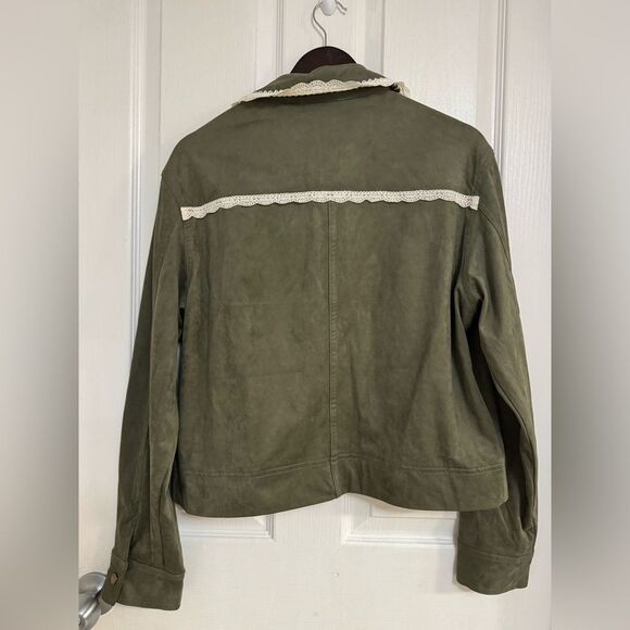 Anthropologie x Dolan Left Coast Lace-Trim vegan Suede Jacket Green Size L boho - Picture 7 of 12